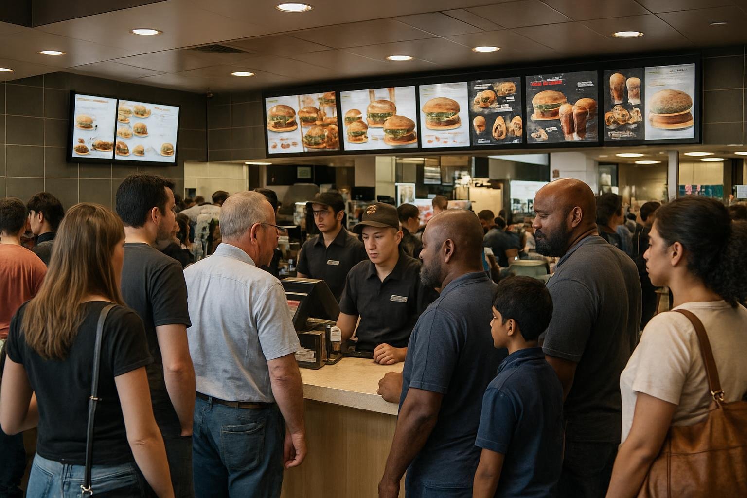 A busy McDonald's during lunchtime with customers ordering at the counter