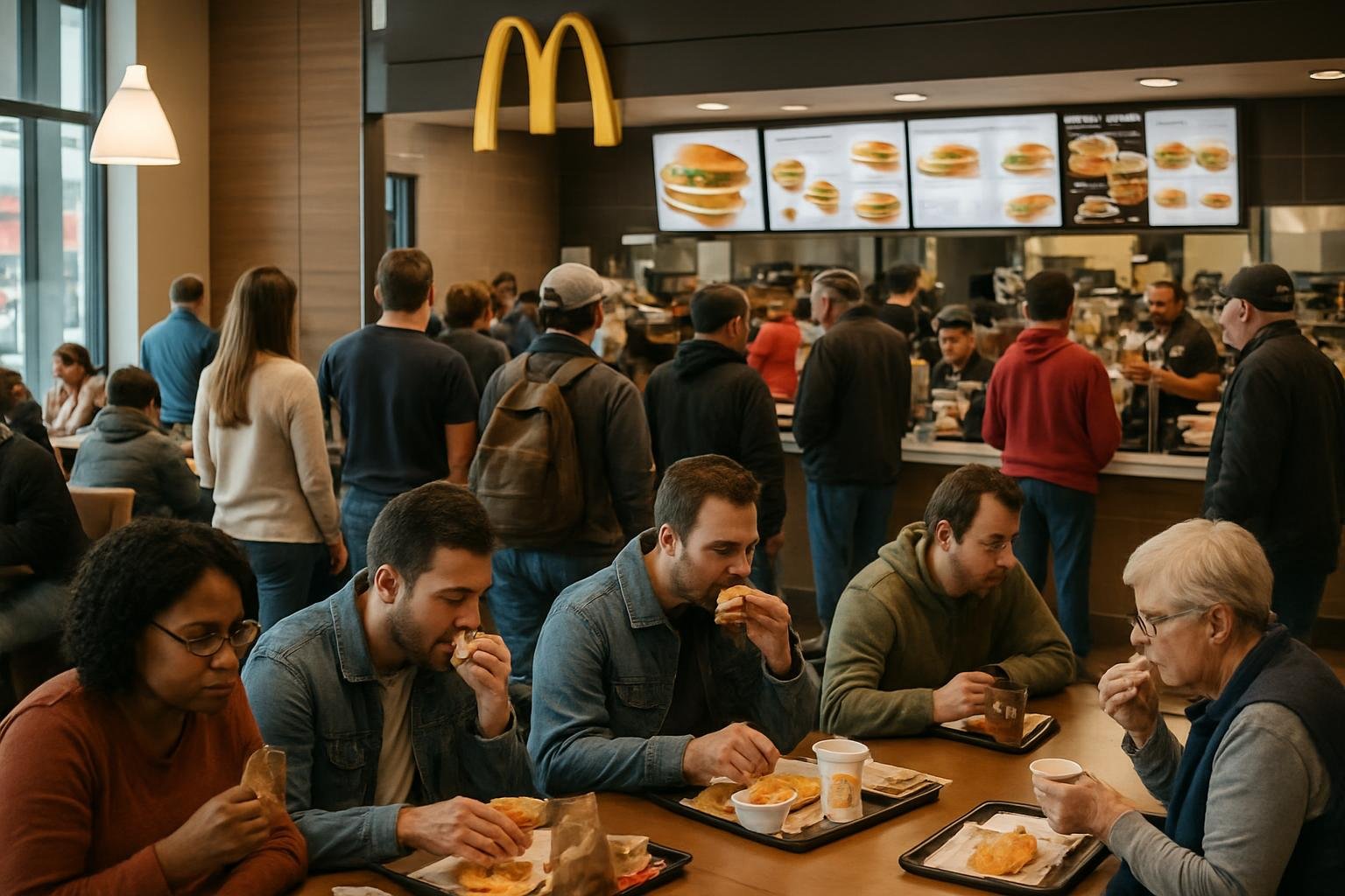 A busy McDonald's restaurant during breakfast time