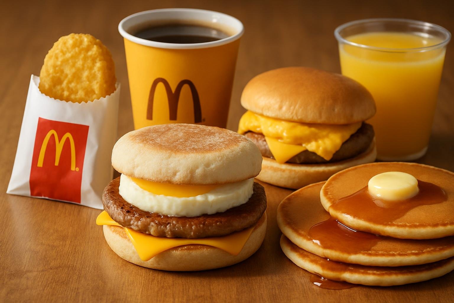 A colorful display of popular McDonald's breakfast items