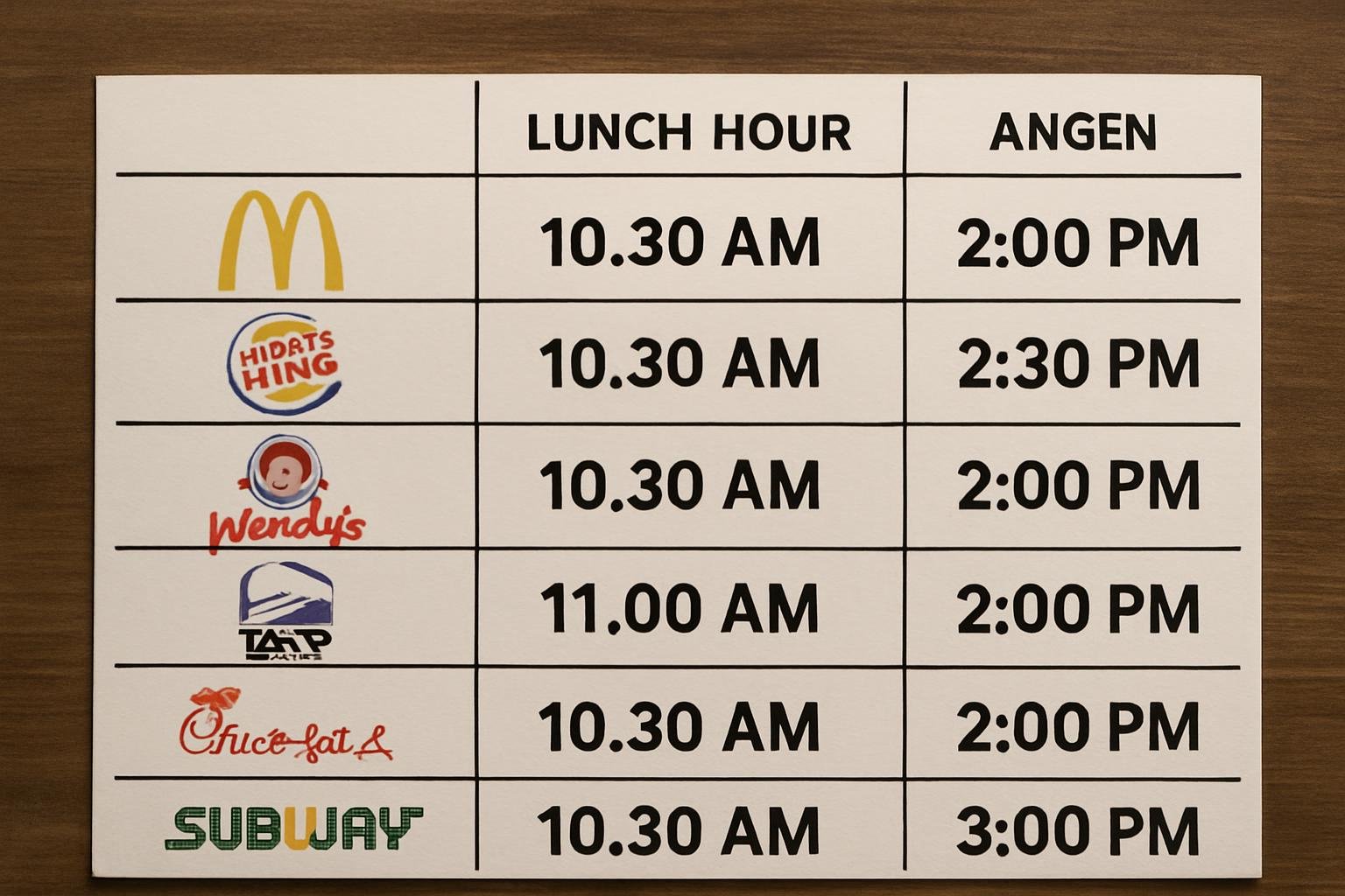 A comparison table of lunch hours for major fast food chains