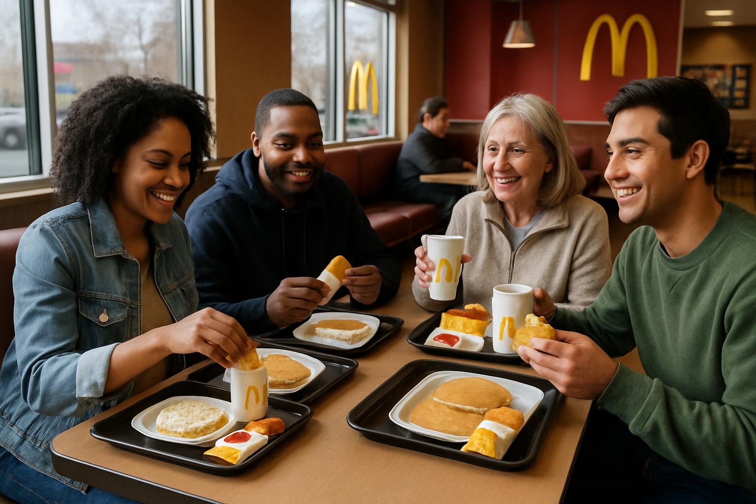 A diverse group of customers enjoying breakfast at a McDonald's restaurant