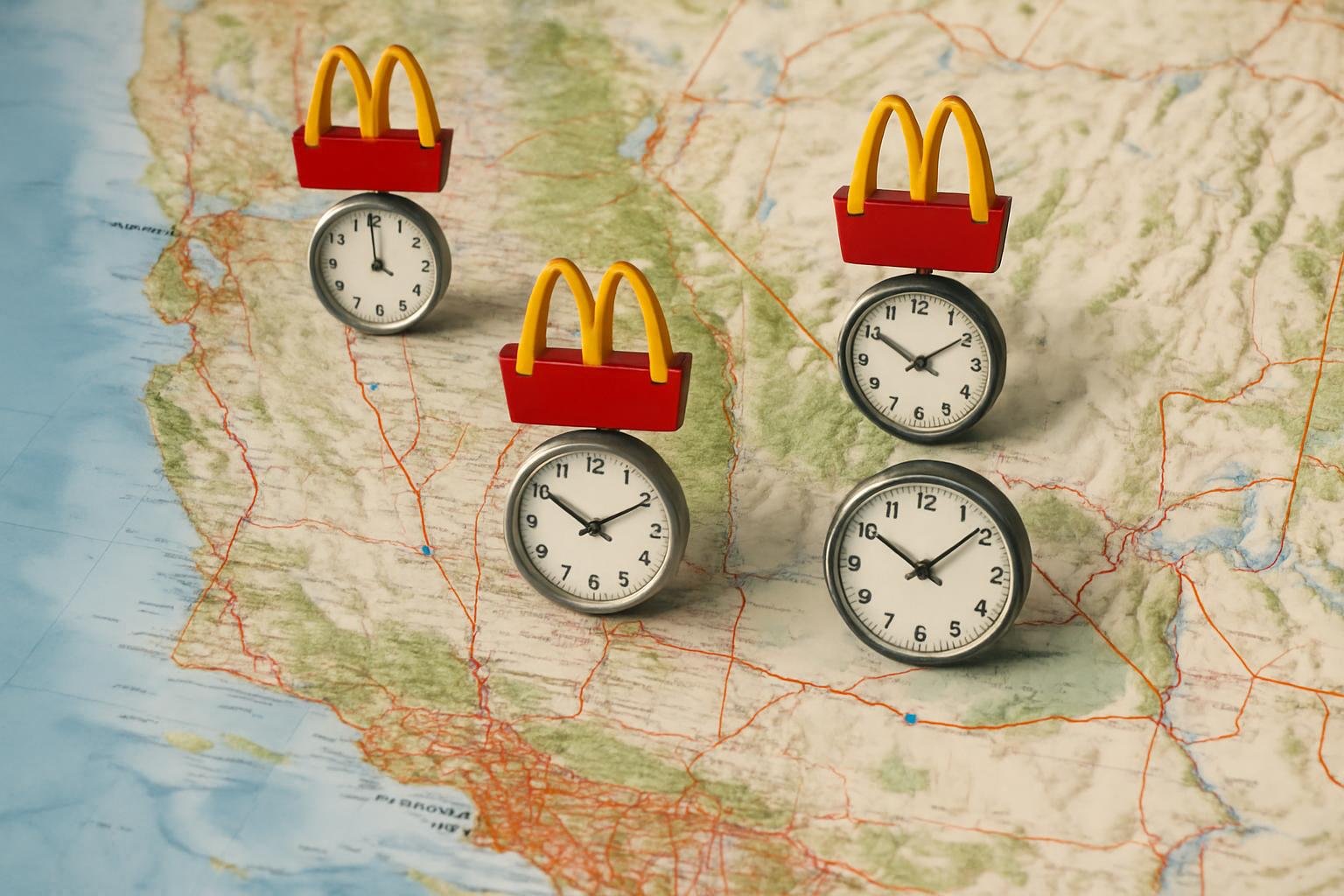 A map showing different McDonald's locations with varying breakfast hours