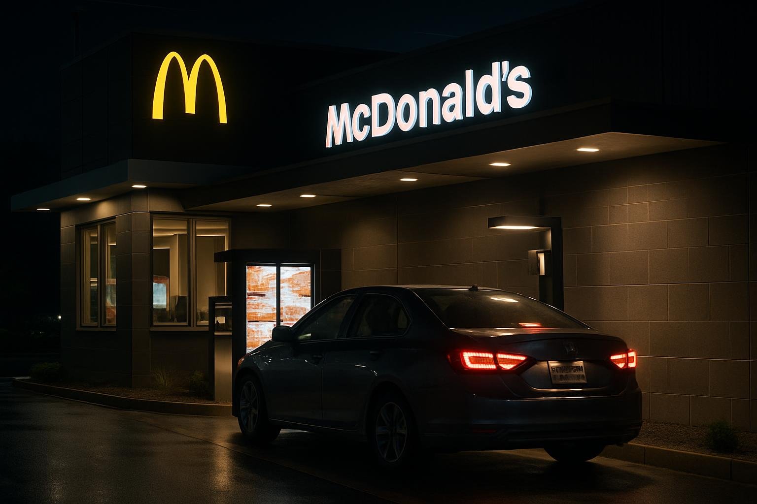 A McDonald's drive-thru at night with a car waiting to order