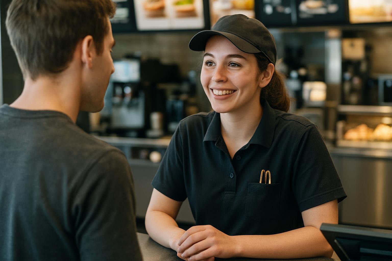 A McDonald's employee assisting a customer at the counter