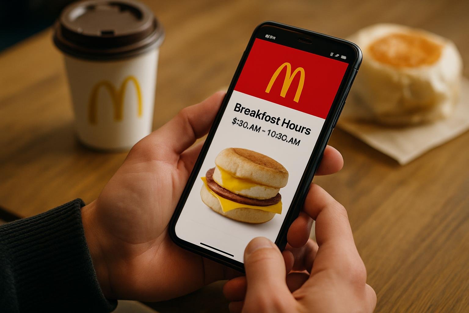 A person using a smartphone to check the McDonald's app for breakfast hours