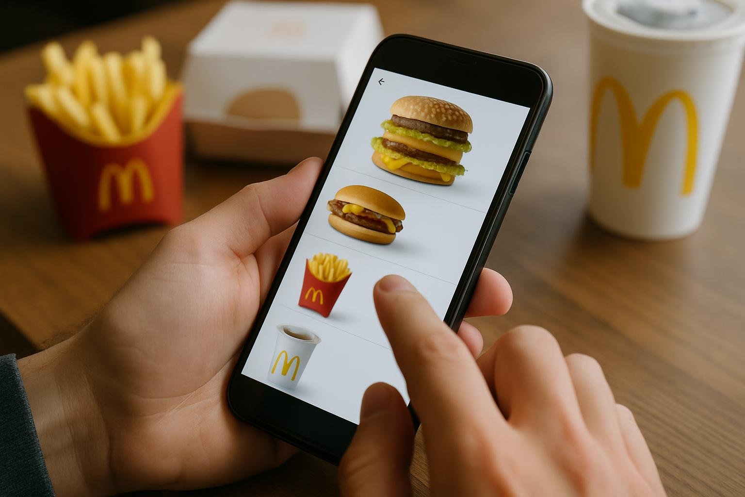 A person using the McDonald's app on their smartphone to order food