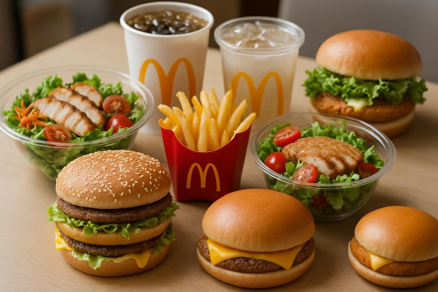 A variety of McDonald's lunch items displayed on a table